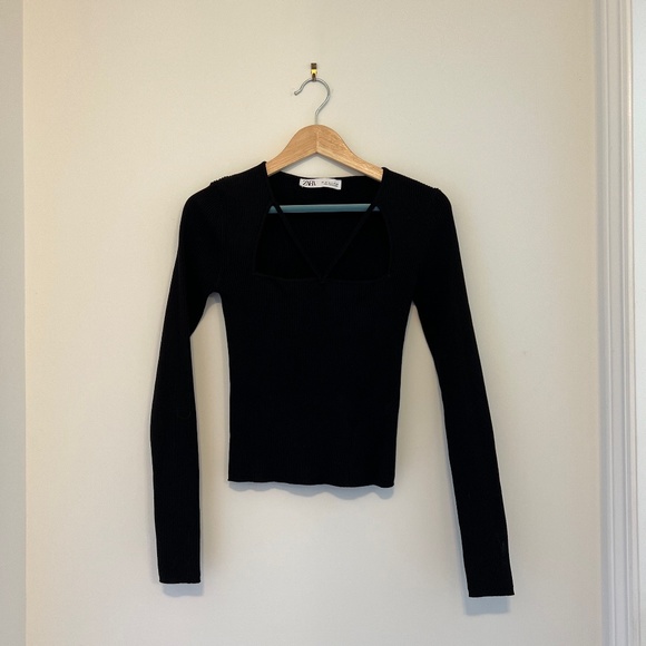 Zara Black Knit Fitted Sweater - Low Cut Square Neckline Size Small - Picture 1 of 5
